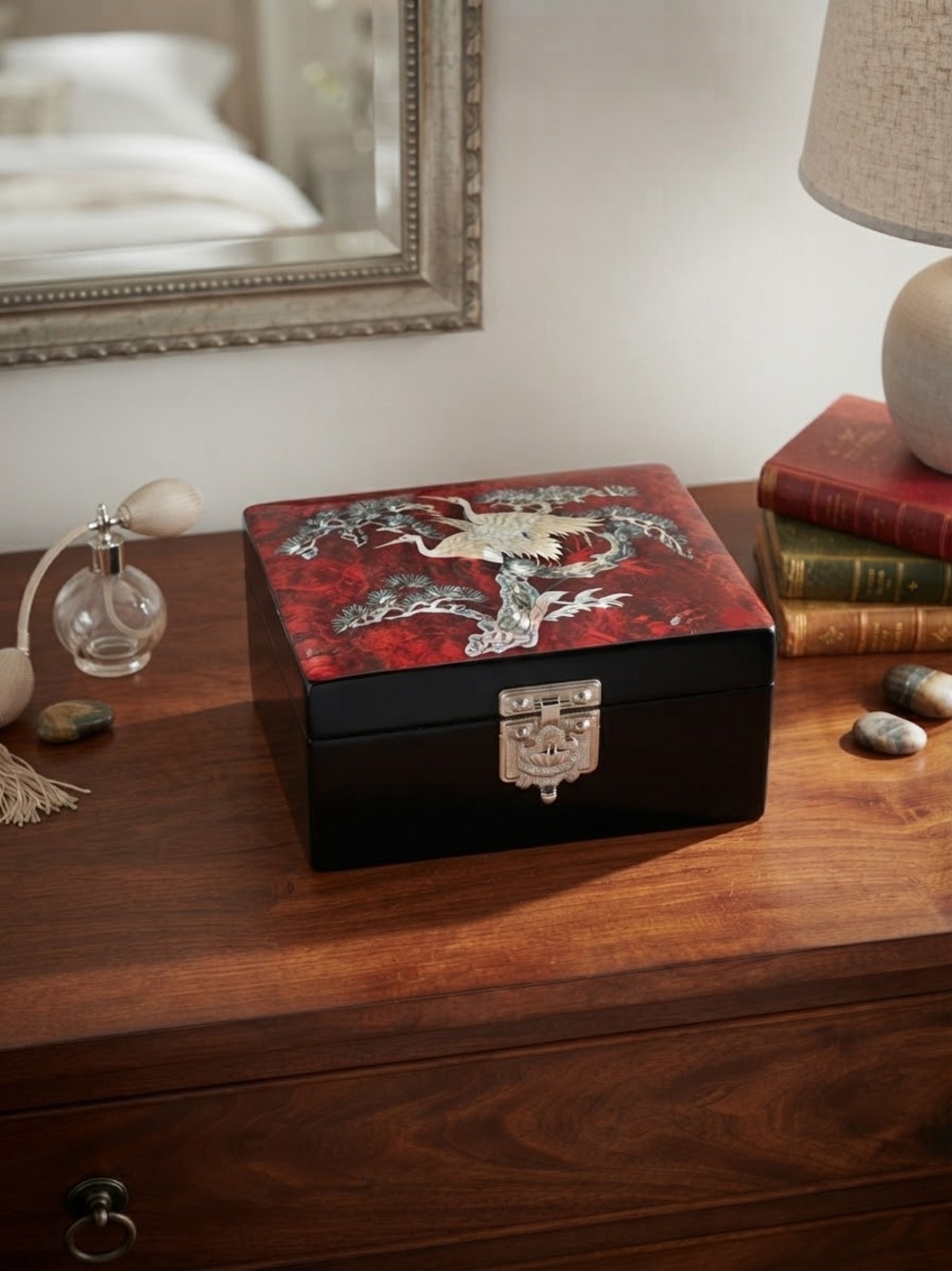 Korean mother-of-pearl inlaid wooden jewelry box with a crane and pine tree